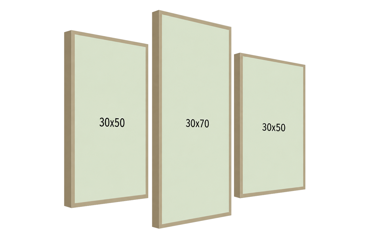 Tríptico 90×70: laterales 30×50 cm y centro 30×70 cm, perspectiva izquierda, PNG transparente.