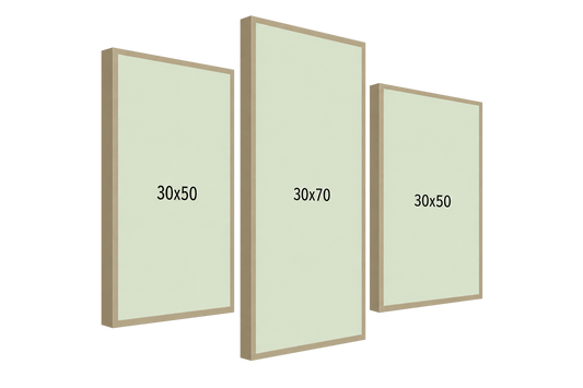 Tríptico 90×70: laterales 30×50 cm y centro 30×70 cm, perspectiva izquierda, PNG transparente.