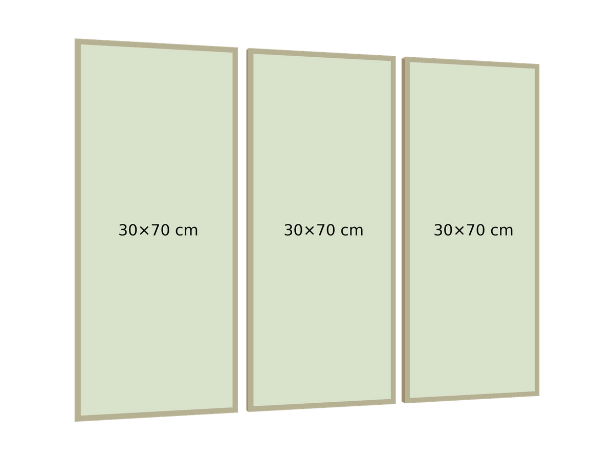 Large Long 90×70 cm: tres bastidores de 30×70 cm, perspectiva izquierda 15°, separación 2 cm, fondo transparente