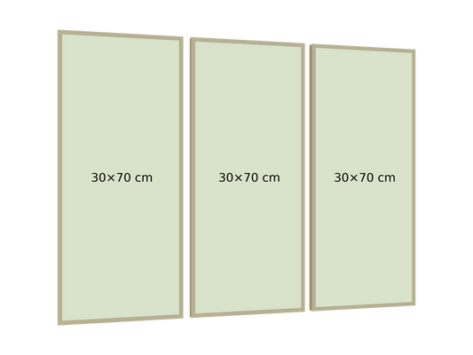 Large Long 90×70 cm: tres bastidores de 30×70 cm, perspectiva izquierda 15°, separación 2 cm, fondo transparente