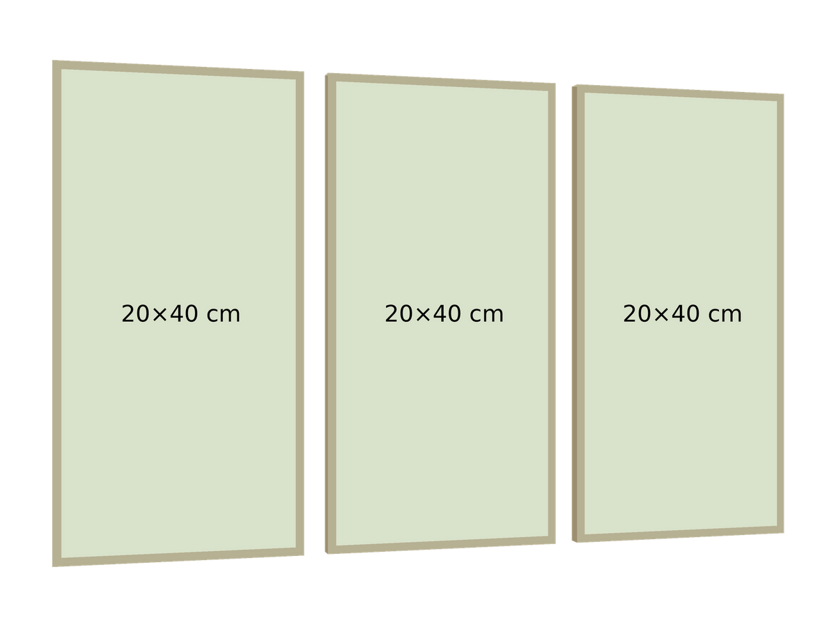 Maqueta triptico-long-60x40, medidas de cada bastidor, separación 2 cm, PNG transparente, perspectiva izquierda 15 grados