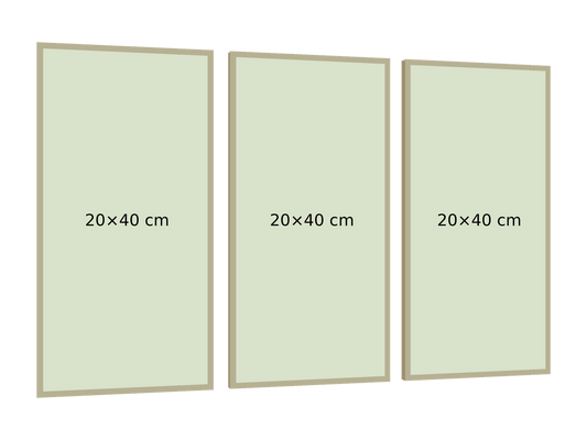 Maqueta triptico-long-60x40, medidas de cada bastidor, separación 2 cm, PNG transparente, perspectiva izquierda 15 grados