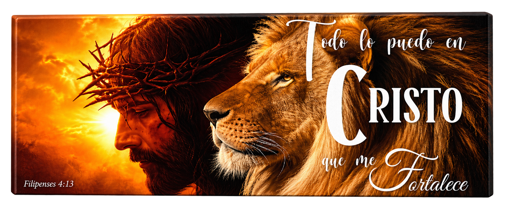 ⭐ Cuadro 100x40 cm Cristo y León con frase - Todo lo puedo en Cristo⭐